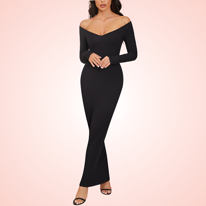 V Neck Long Sleeve Maxi Dress with Built In Shapewear