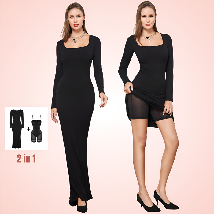 Women Square Neck Bodycon Dress With Built In Shapewear