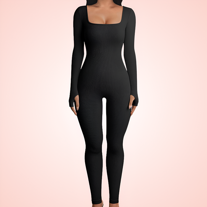 Seamless Square Neck Long Sleeve Shaping Jumpsuit with Built In Bra