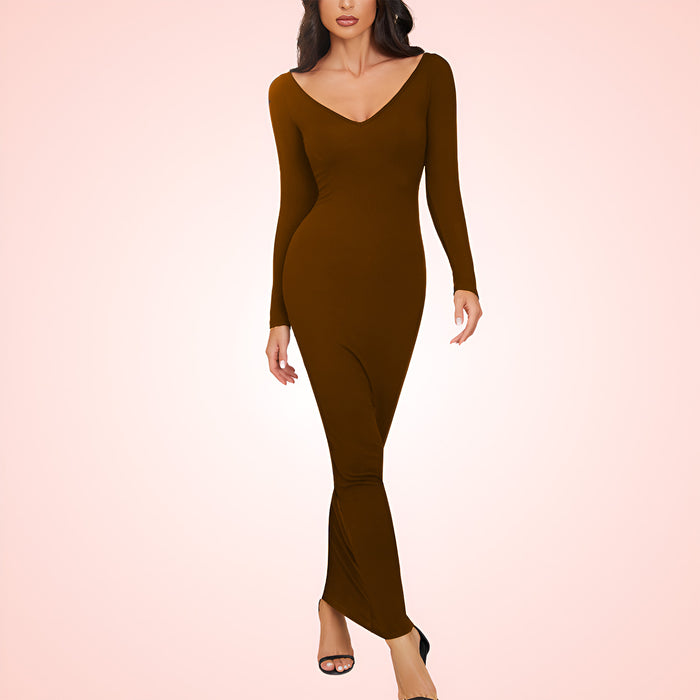 V Neck Long Sleeve Maxi Dress with Built In Shapewear