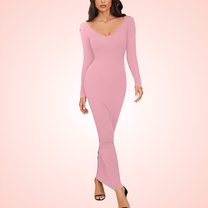 V Neck Long Sleeve Maxi Dress with Built In Shapewear